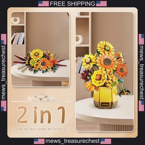 Sunflower Building Blocks Set for Adults, 1328 Pieces, DIY Flower Bouquet