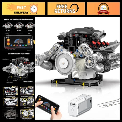 V8 Engine Model Kit - Working Building Blocks Set with APP Control for Kids & Ad