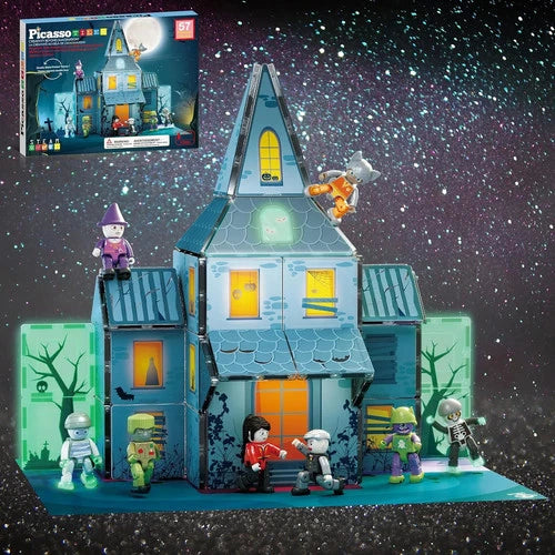 PicassoTiles 57 PCS Magnetic Tiles Halloween Haunted House STEM Set Ages 3+ 8
