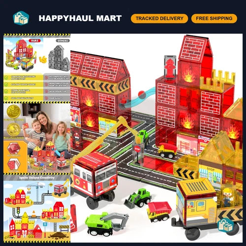 Magnetic Fire Truck Building Set - STEM Magnet Blocks for Kids 4-8, Creative Pla