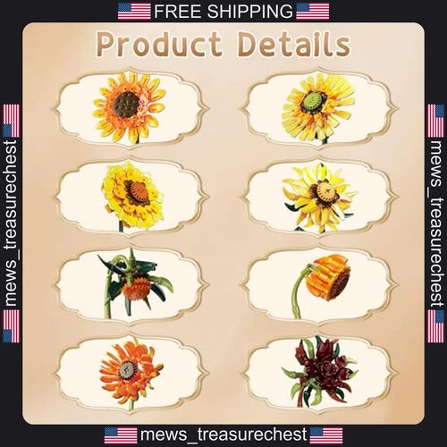 Sunflower Building Blocks Set for Adults, 1328 Pieces, DIY Flower Bouquet
