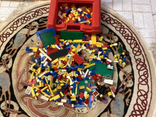 Vtg 1985 Lego Red Carrying Case Plastic Storage Box with LEGOS Pieces
