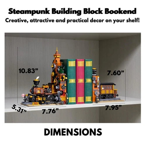Steampunk Train Bookend Building Block Set, 1252pcs Creative Bricks with Light M