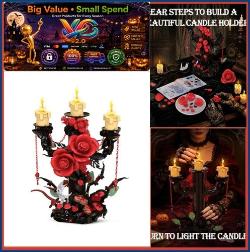 Gothic Rose Candelabra Building Blocks Set 917 Pieces Skeleton Hand Decor