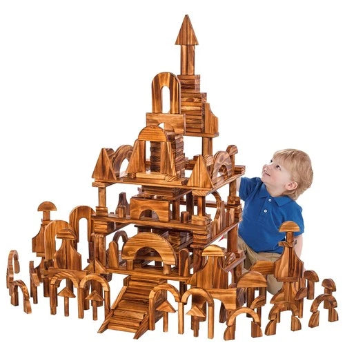 Large Vintage Solid Carbonized Wooden Building Blocks Set for Kids 3-12