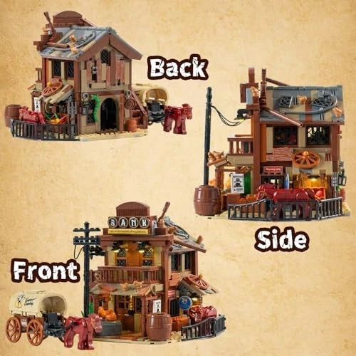 Wild West Modular Building Set - Cowboys Cabin, Horses, Wagon & LED Lights (1299