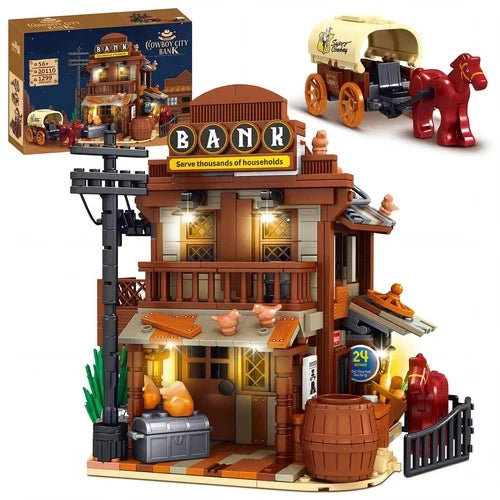 Wild West Modular Building Set - Cowboys Cabin, Horses, Wagon & LED Lights (1299