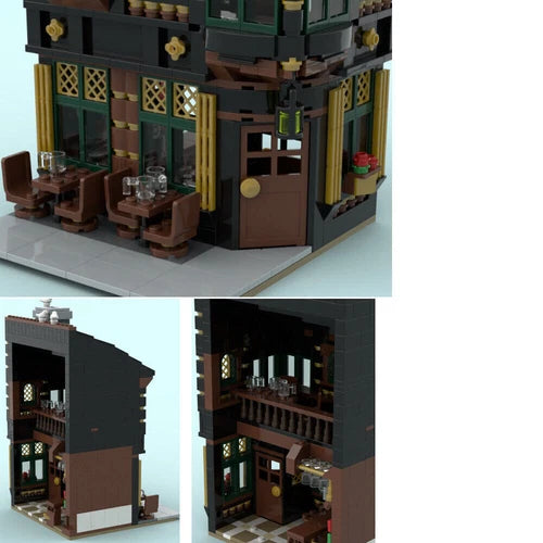 Classic Town Pub Building Blocks Model Wood & Gold Theme MOC Set Toy 945 Pieces
