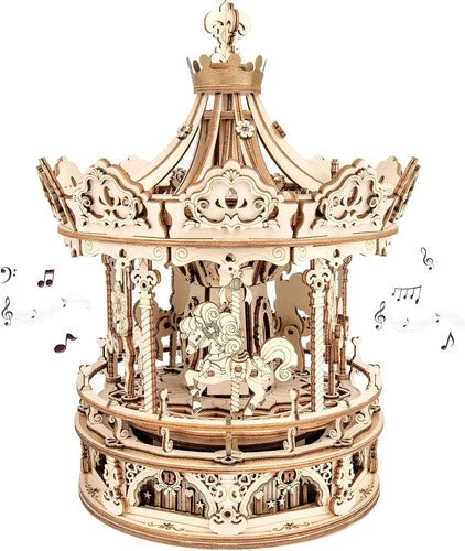 ROKR 3D Wooden Puzzles Music Box - DIY Model Building Kit Mechanical Merry-go-Ro