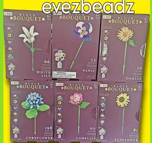 EvezBeadz Block Tech 6 MIB Set Sunflower Lily Pansy Cornflower Camellia Dahlia