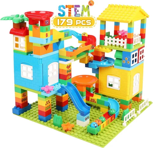 Marble Run Building Blocks, 179 Pcs Duplos Marble Run with 6 Balls, Big Build...