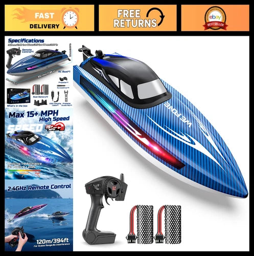 Fast RC Speed Boat for Pools & Lakes, 25+ KMH, 7 LED Light Modes, 2 Batteries, S