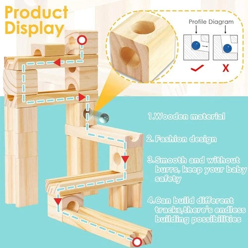 Wooden Marble Run, 80 Pieces Wood Building Blocks Toys and Construction Play Set