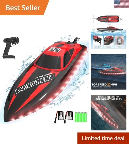 Vector High-Speed Remote Control Boat - LED Lights & Dual Battery Fun for Adults